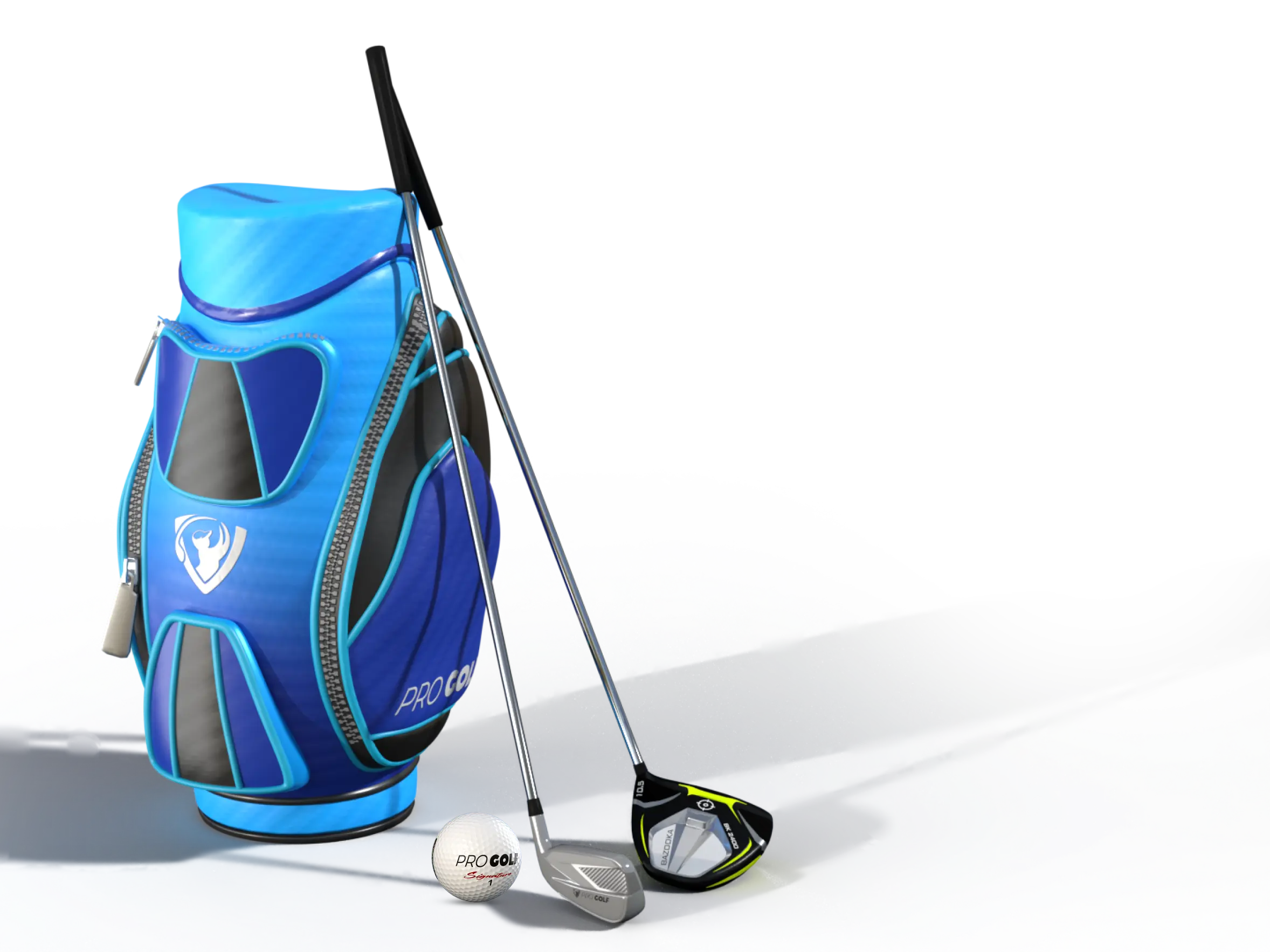 golf bag, clubs and ball